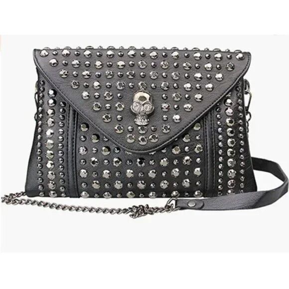 Black Skull Stud Embellished Faux Leather Mini Crossbody Messenger Flap Purse - Picture 1 of 8